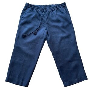 Talbots Navy Blue 100% Linen Crop Pants Plus Size 16WP Elastic Waist Tassel Draw